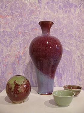Standing Pot,Bowls Vase by lorraine Lintern- Cloth (background) by Fiona Shadwell